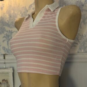 Pink Striped Sleeveless Polo crop Top
